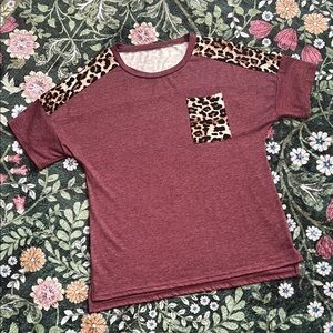 Burgundy T-Shirt with Leopard Print Accents